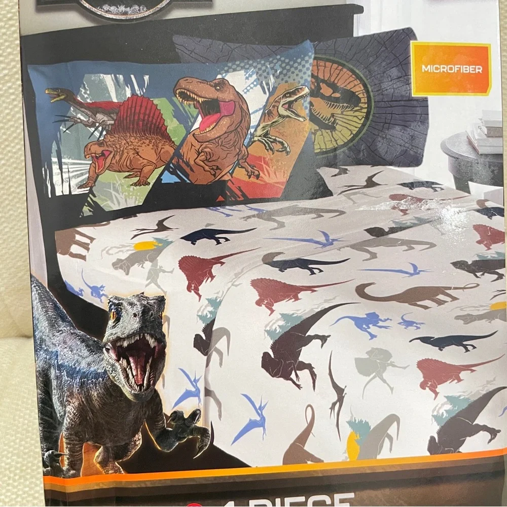 NEW Jurassic World 4 Piece‎ Full Sheet Set Microfiber Dinosaur Print Blue T-Rex